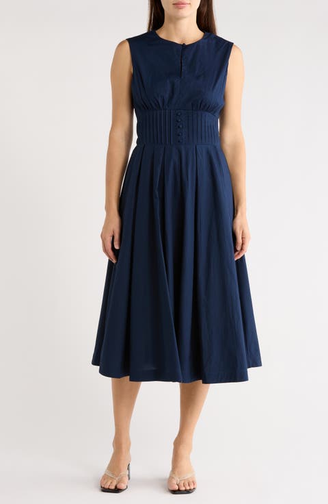 Sleeveless Pintucked Empire Waist Cotton Midi Dress