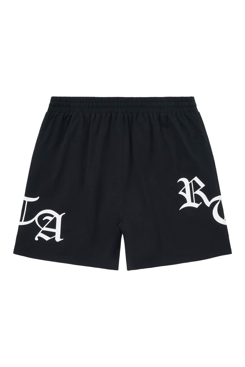Mark Stretch Nylon Swim Trunks, Alternate, color, BLACK/ OLD ENGLISH