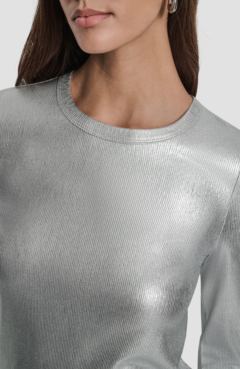DKNY Jeans Foil Rib Knit Long Sleeve Top, Alternate, color, Silver