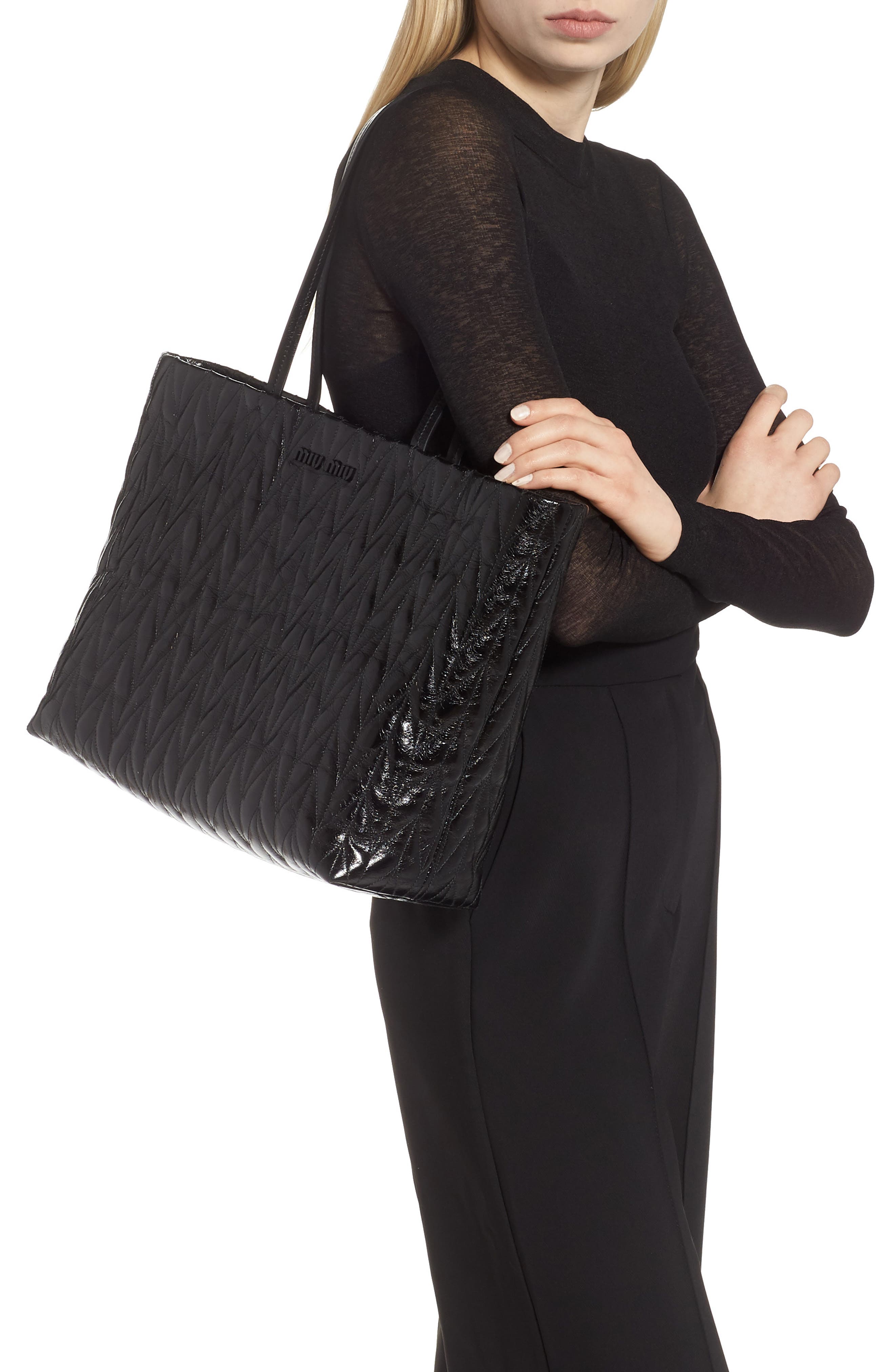 Miu Miu Trapuntato Quilted Calfskin Leather Tote, Alternate, color, 