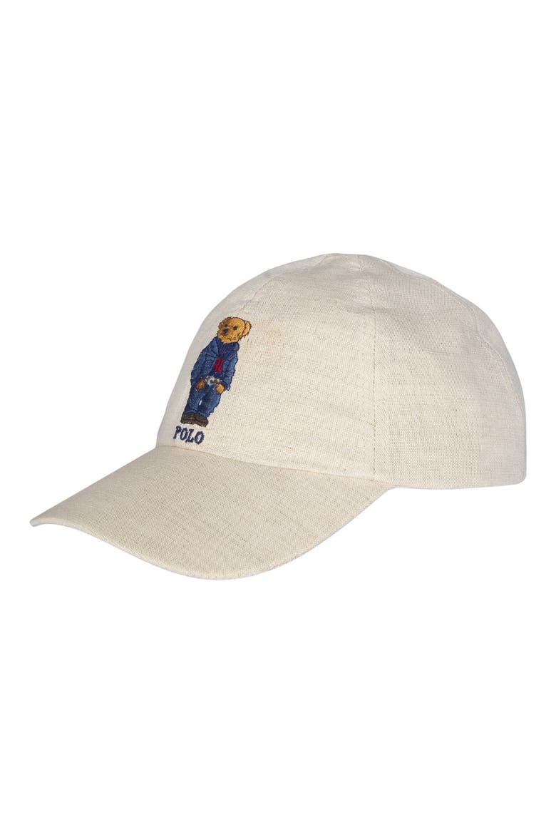 Embroidered Bear Logo Linen Baseball Cap, Main, color, GREY HEATHER