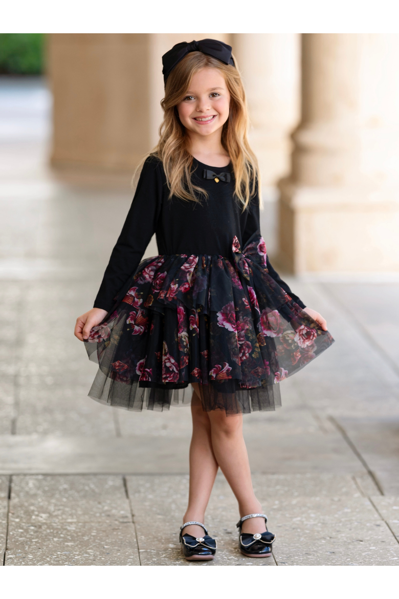 Midnight Bloom Tiered Tulle Dress, Alternate, color, Black