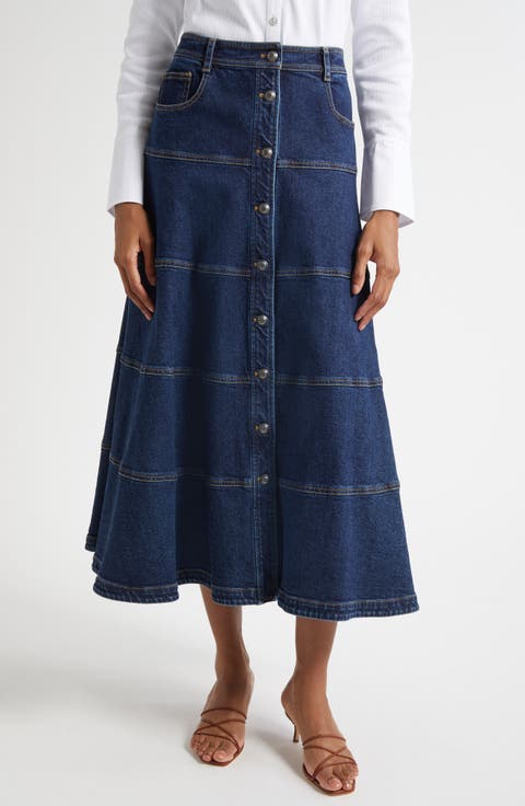 Wilhelmina Paneled Denim Midi Skirt