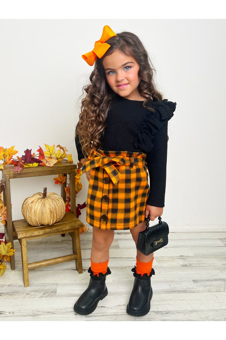 Feels Like Fall Ruffled Top and Checkered Skirt Set, Alternate, color, Orange