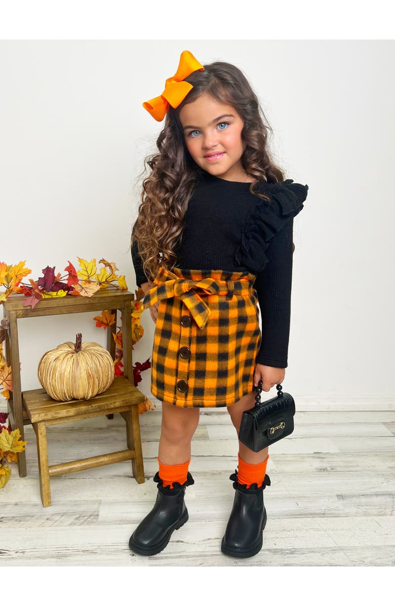 Mia Belle Girls Feels Like Fall Ruffled Top and Checkered Skirt Set, Alternate, color, Orange