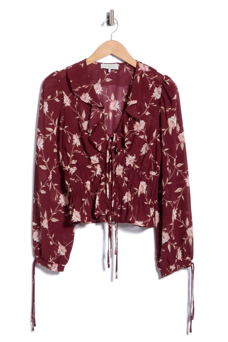 Ruffle Trim Top, Alternate, color, BURGUNDY LATTICE