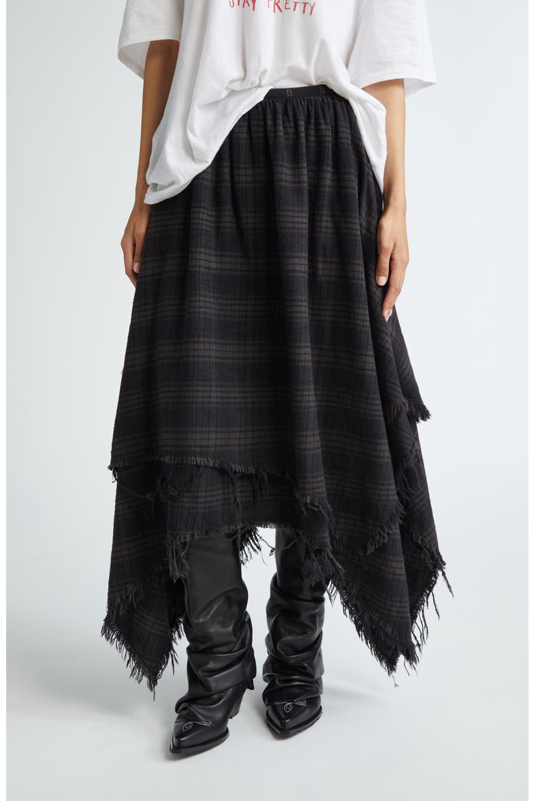 Plaid Frayed Handkerchief Hem Cotton Flannel Midi Skirt, Main, color, OVERDYED BLACK PLAID