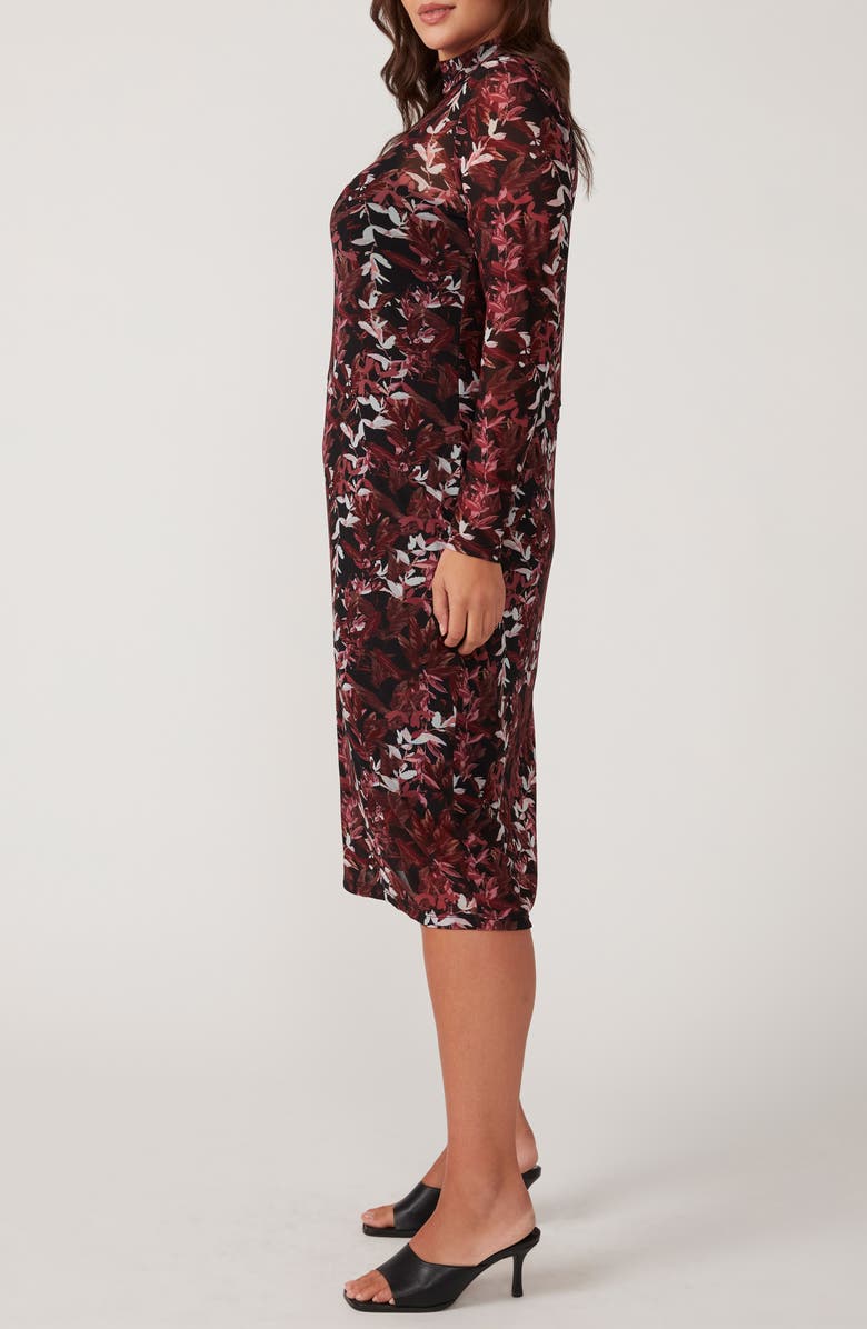 Estelle Reflection Leaves Long Sleeve Mesh Midi Dress, Alternate, color, Black/ Rose