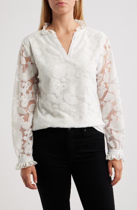Kang Lace Appliqué Split Neck Top