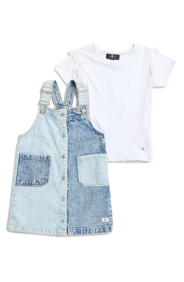 7 For All Mankind Kids' Short Sleeve T-Shirt & Denim Jumper Dress Set, Main, color, 