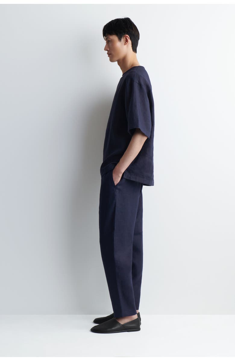 COS Elasticated Linen Regular-fit Tapered Trousers, Alternate, color, Navy