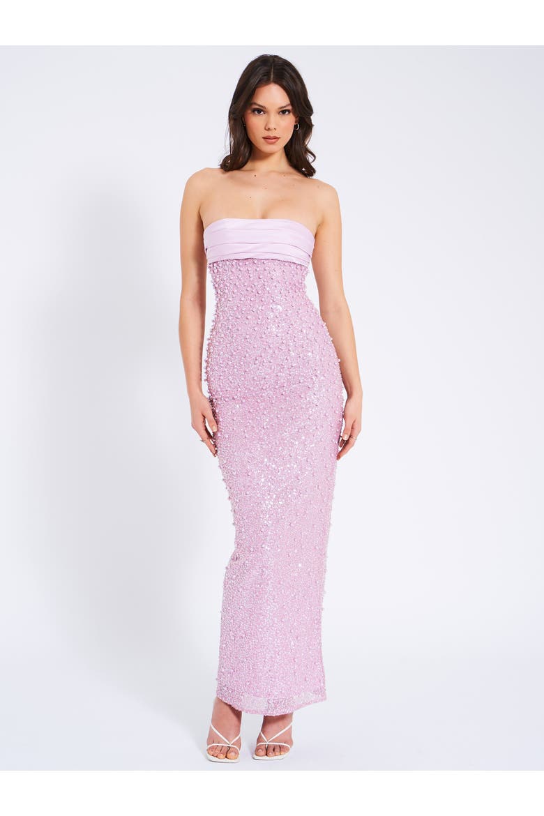Lainey Satin Strapless Party Sequin Pearl Beaded Maxi Dress, Alternate, color, Light Pastel Purple