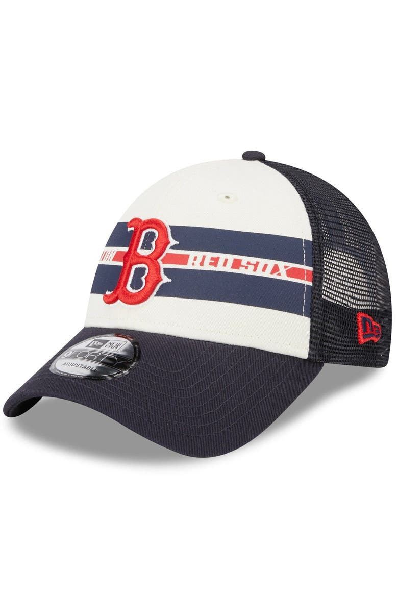 Men's New Era White/Navy Boston Red Sox Team Stripe Trucker 9FORTY Snapback Hat, Main, color, White