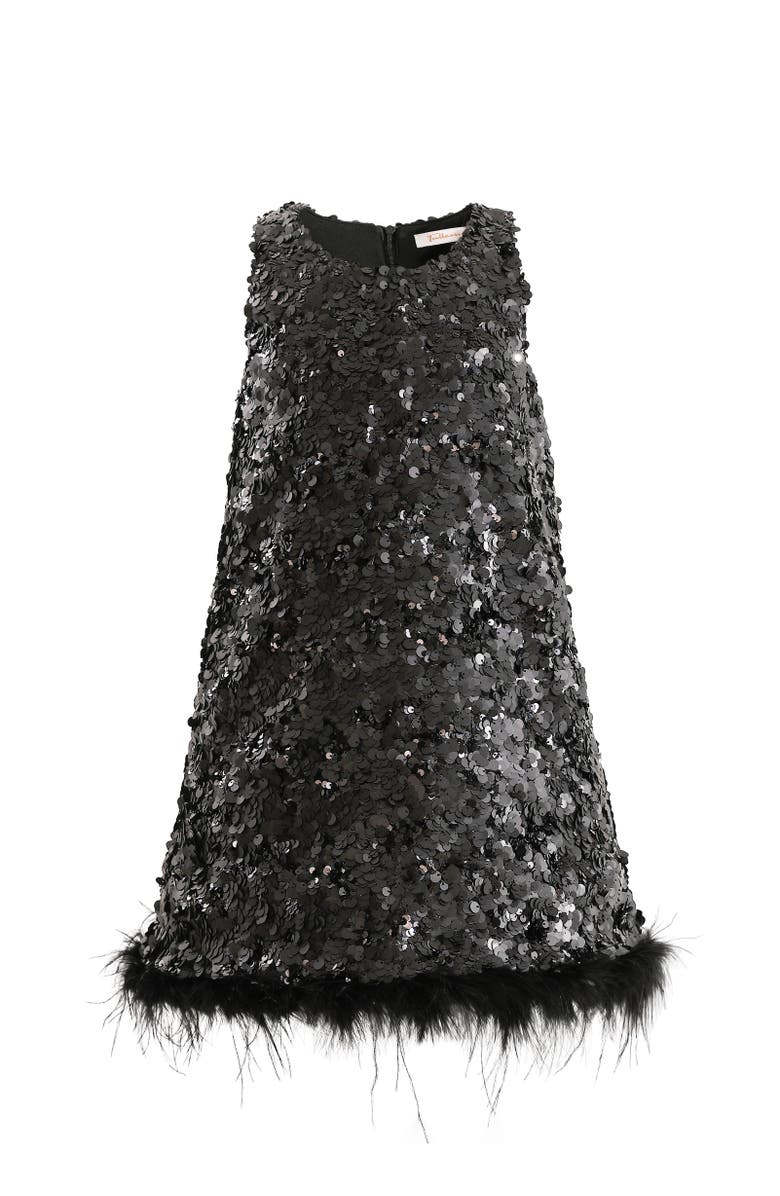 Tulleen Sequin Feather-Hem Dress, Alternate, color, Black