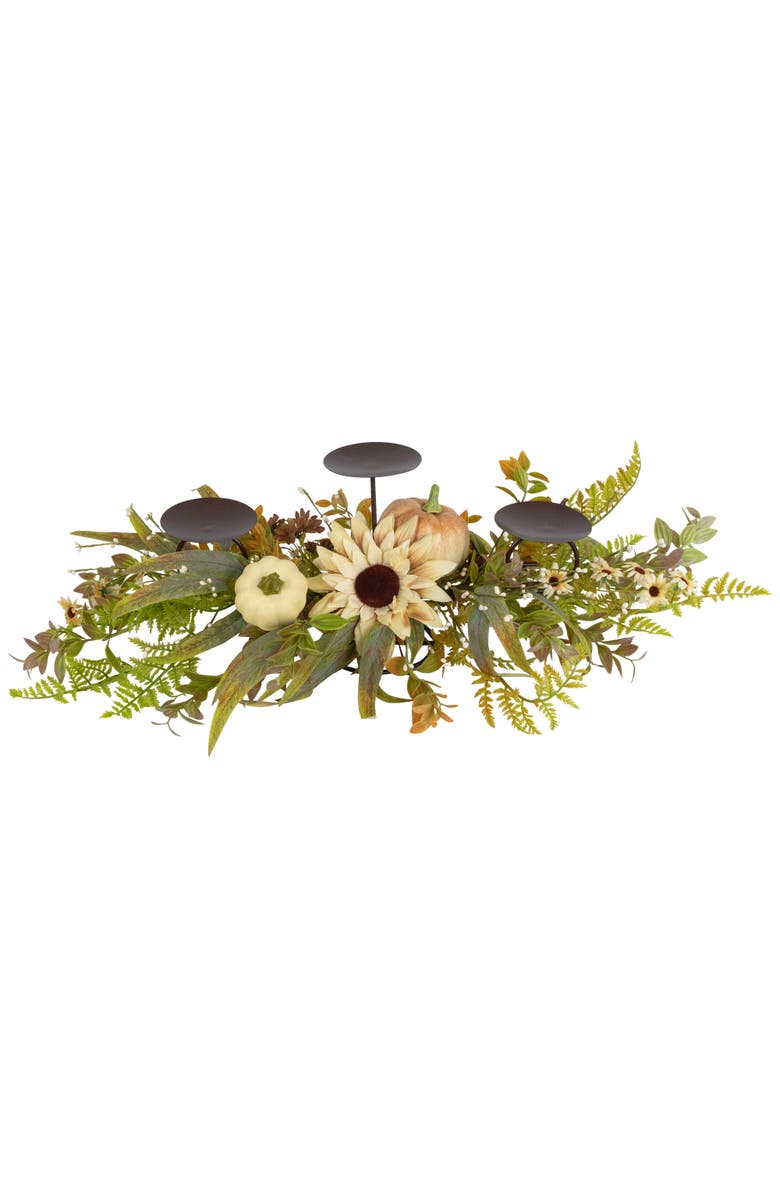 Northlight Sunflowers and Pumpkins Fall Harvest Triple Pillar Candleholder - 28", Main, color, Green