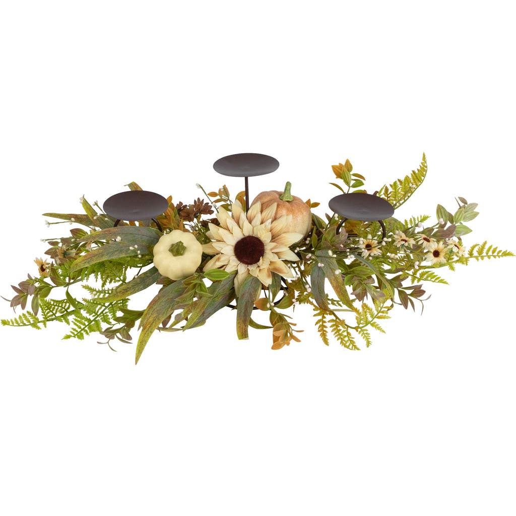 Northlight Sunflowers And Pumpkins Fall Harvest Triple Pillar Candleholder In Green