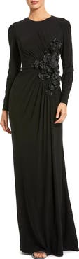 Mac Duggal Long Sleeve High Neck Floral Beaded Jersey Gown