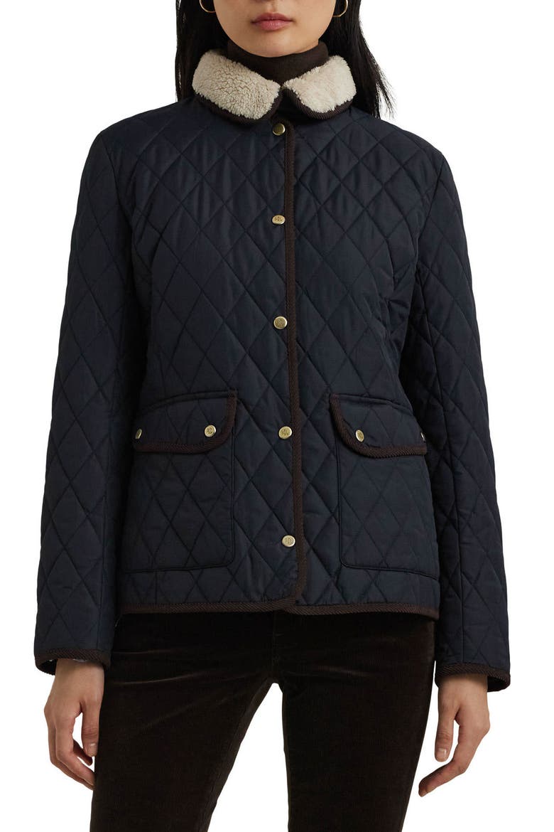 Quilted Faux Shearling Collar Jacket, Main, color, DARK NAVY