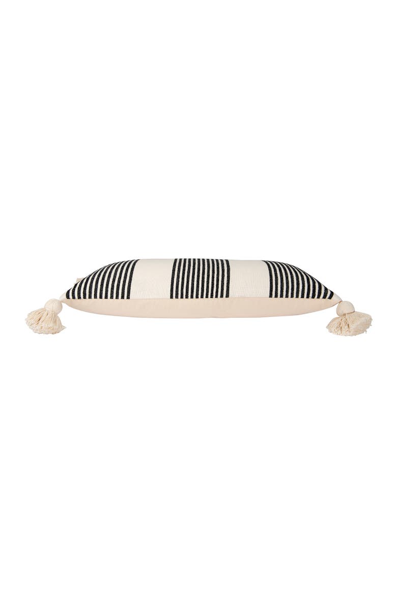 Cotton and Chenille Woven Striped Lumbar Pillow with Tassels, Black and Cream, Alternate, color, Black