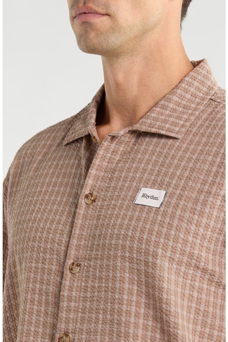 Frequency Check Short Sleeve Cotton Seersucker Button-Up Shirt, Alternate, color, CARAMEL
