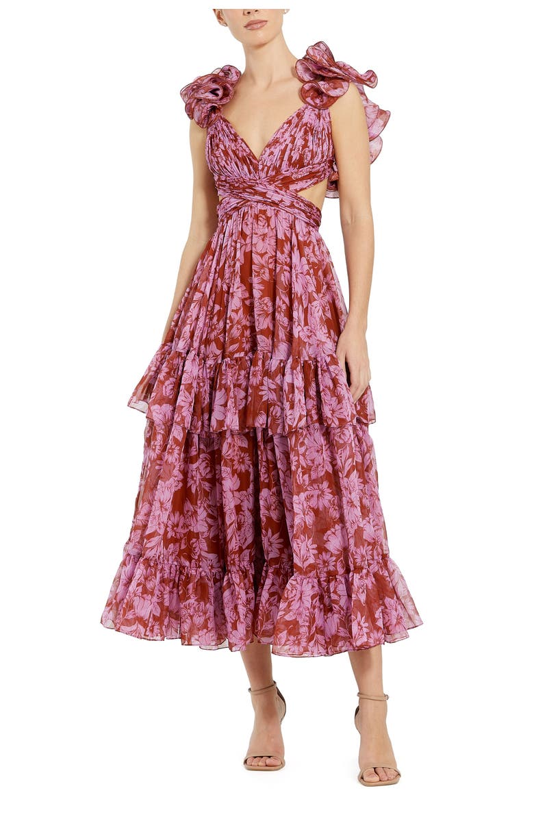 Mac Duggal Floral Ruffle Tiered Cut-Out Chiffon Dress, Main, color, Red Multi