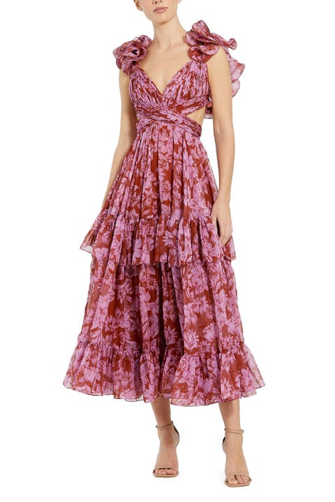 Floral Ruffle Tiered Cut-Out Chiffon Dress
