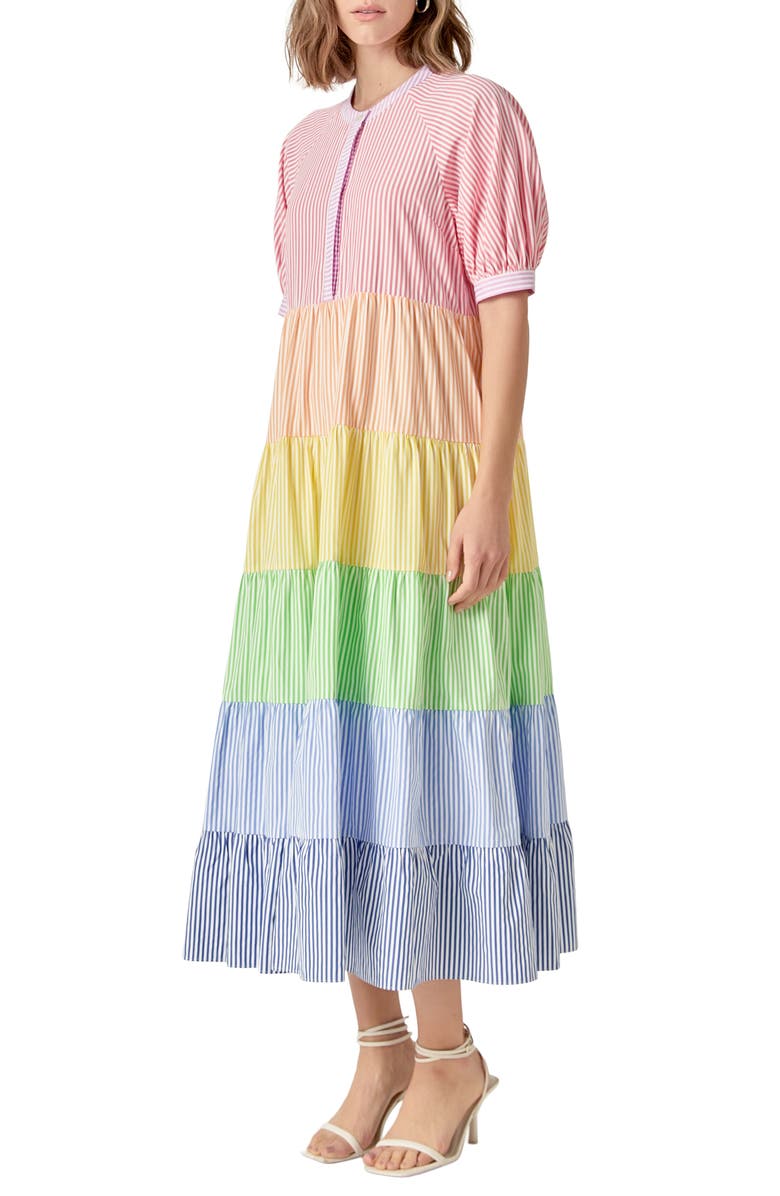 English Factory Stripe Colorblock Tiered Cotton Blend Dress, Alternate, color, Multi