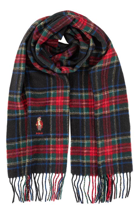Holiday Tartan Bear Wool Fringe Scarf