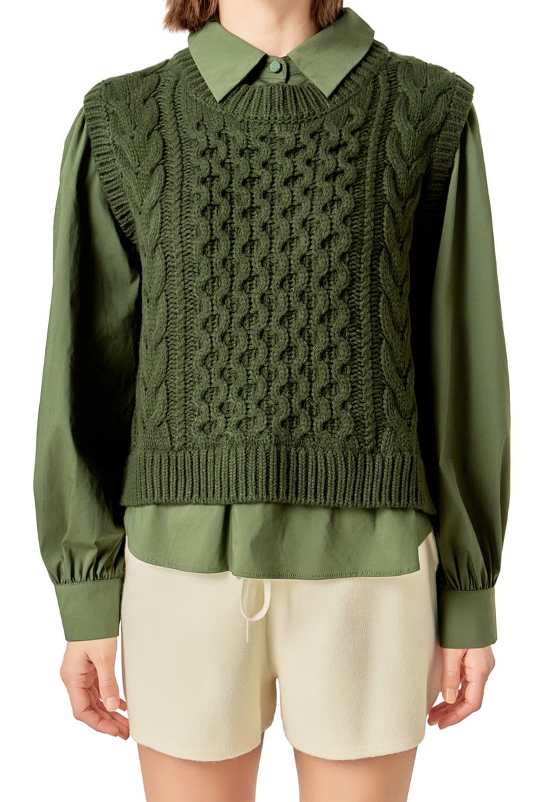 Mixed Media Cable Stitch Sweater, Alternate, color, OLIVE