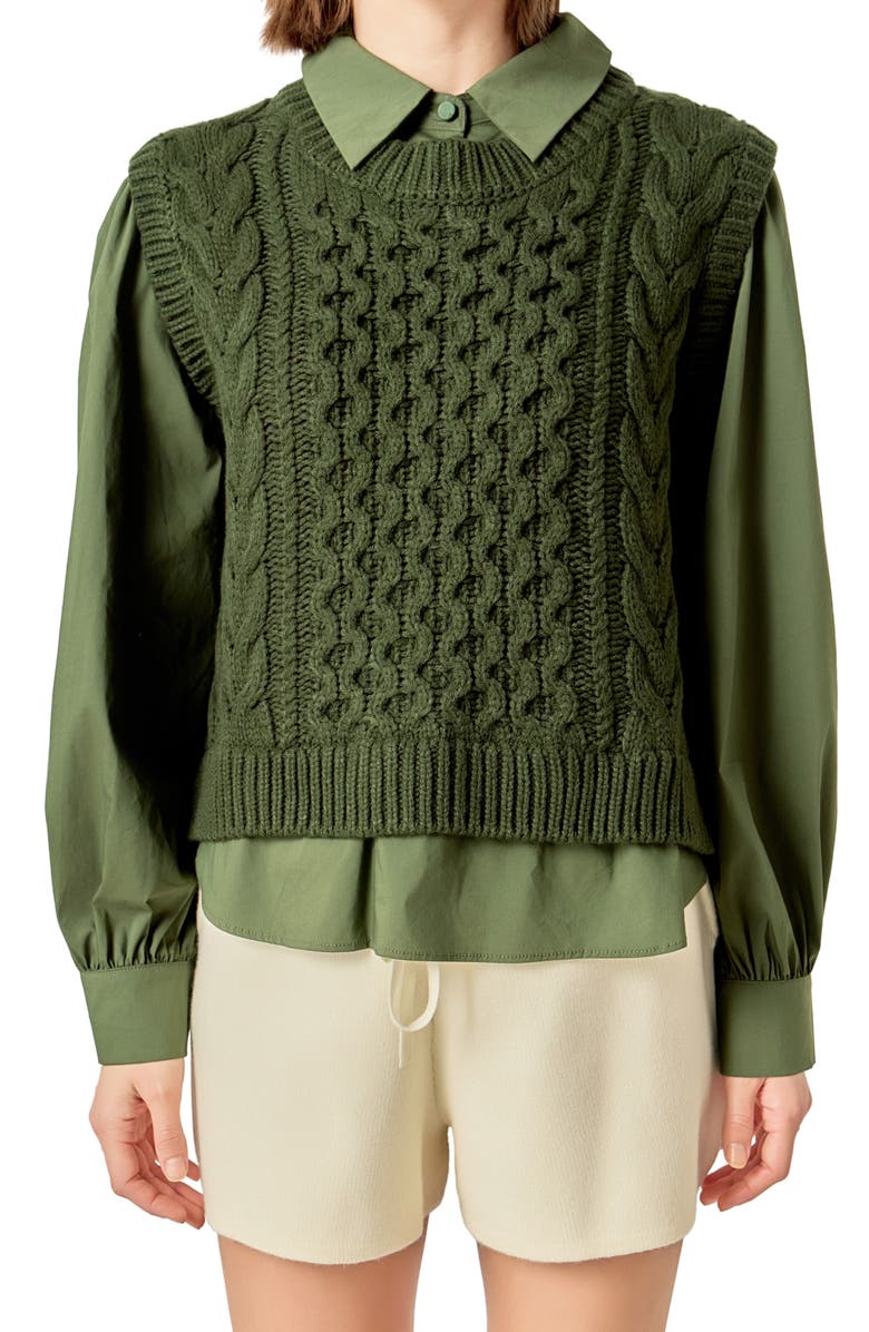 English Factory Mixed Media Cable Stitch Sweater, Alternate, color, Olive