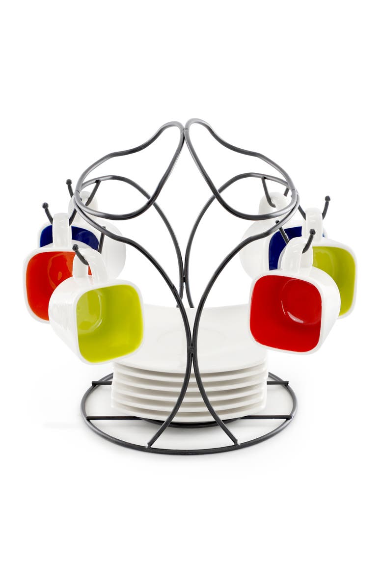 Gibson Home Crenshaw 13 Piece Square Stoneware Espresso Cup Set with Metal Stand, Alternate, color, Red