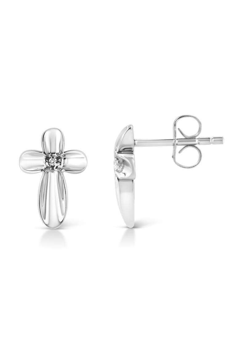 Silver Prong Diamond Accent Floral Cross Stud Earring, Alternate, color, White