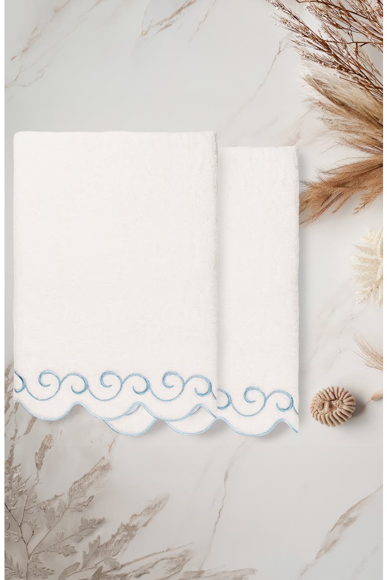 Simplicity Scallop Set of 2 Bath Towels, Alternate, color, WHITE/ BLUE