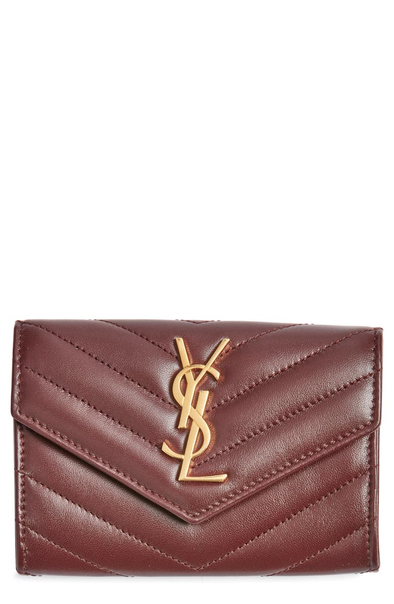 Saint Laurent Small Matelassé Leather Envelope Wallet, Main, color, Rouge Cabernet