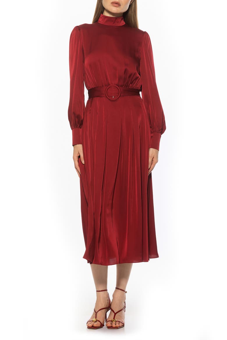 Safiya Long Sleeve Belted Fit & Flare Dress, Main, color, BURGUNDY