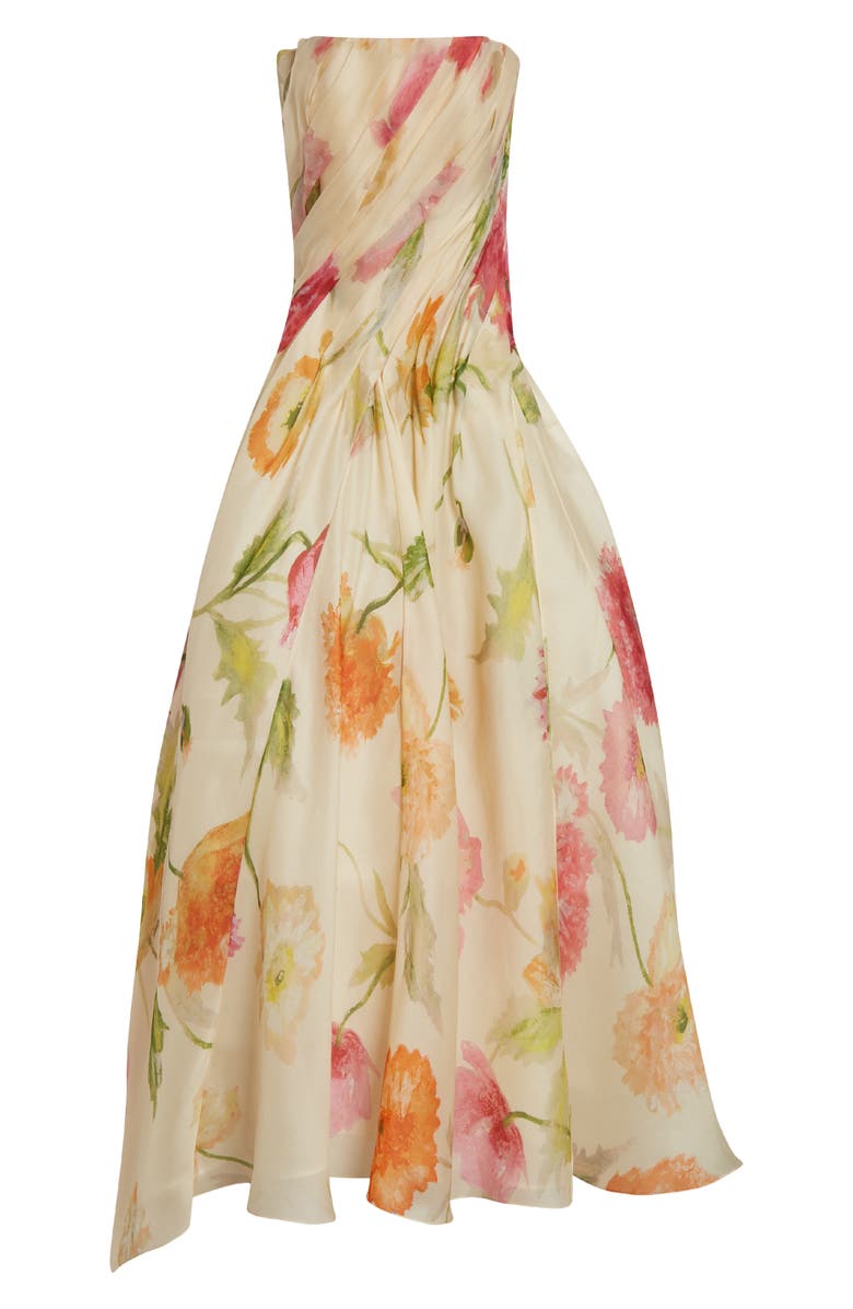 Carolina Herrera Floral Pleated Silk Strapless Gown, Alternate, color, Almond Multi