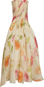 Carolina Herrera Floral Pleated Silk Strapless Gown