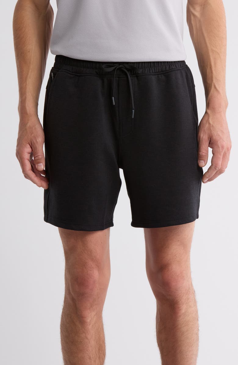 90 DEGREE BY REFLEX All Day Ace Scuba Knit 7-Inch Shorts, Main, color, Black