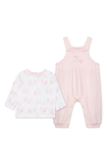 Little Me Bear Print Long Sleeve Top & Overalls In Pink