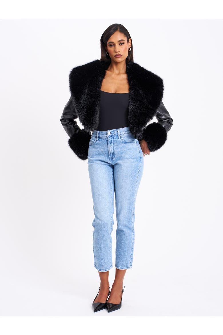 Ziah Cropped Leather Jacket with Fur Collar, Alternate, color, Black