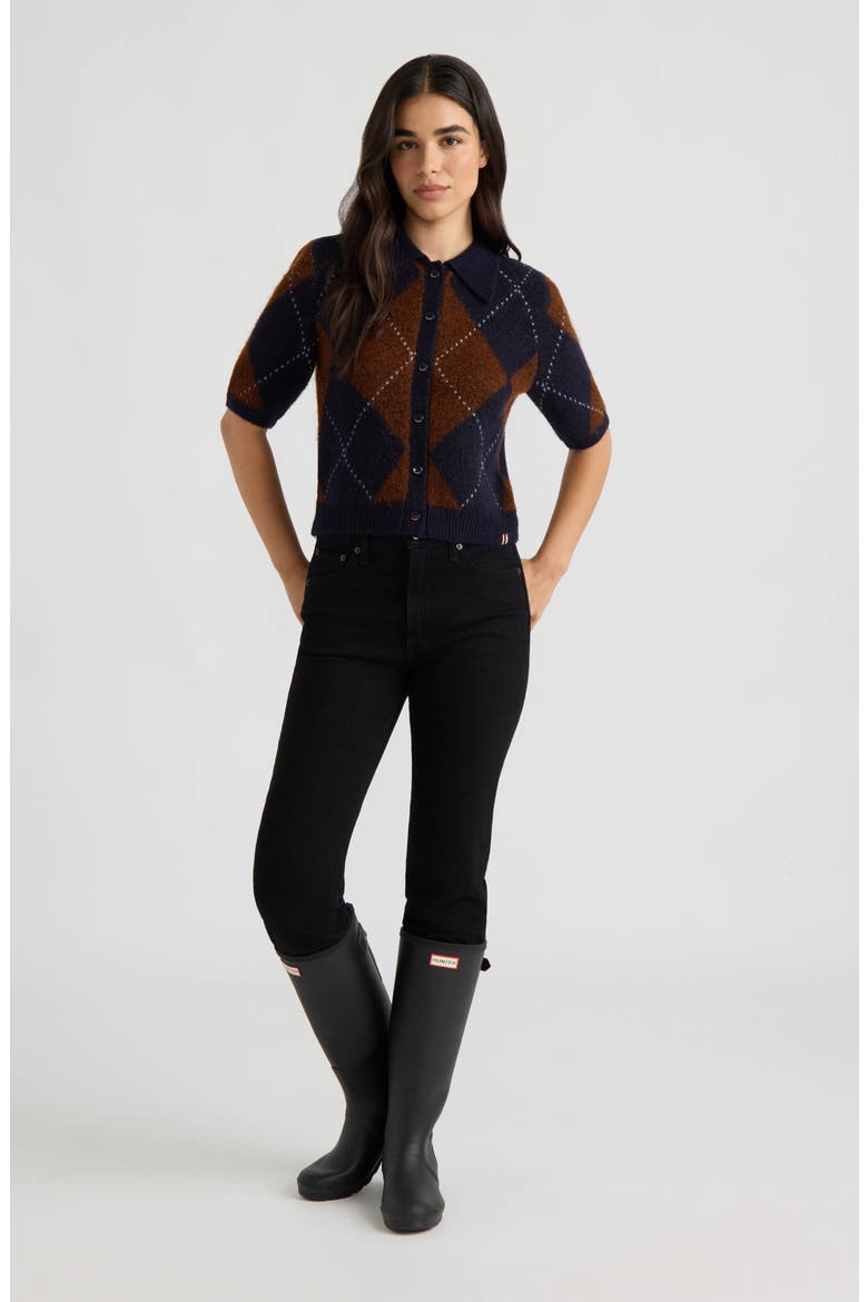 Short Sleeve Argyle Cardigan, Alternate, color, DARK NAVY/ COPPER ARGYLE