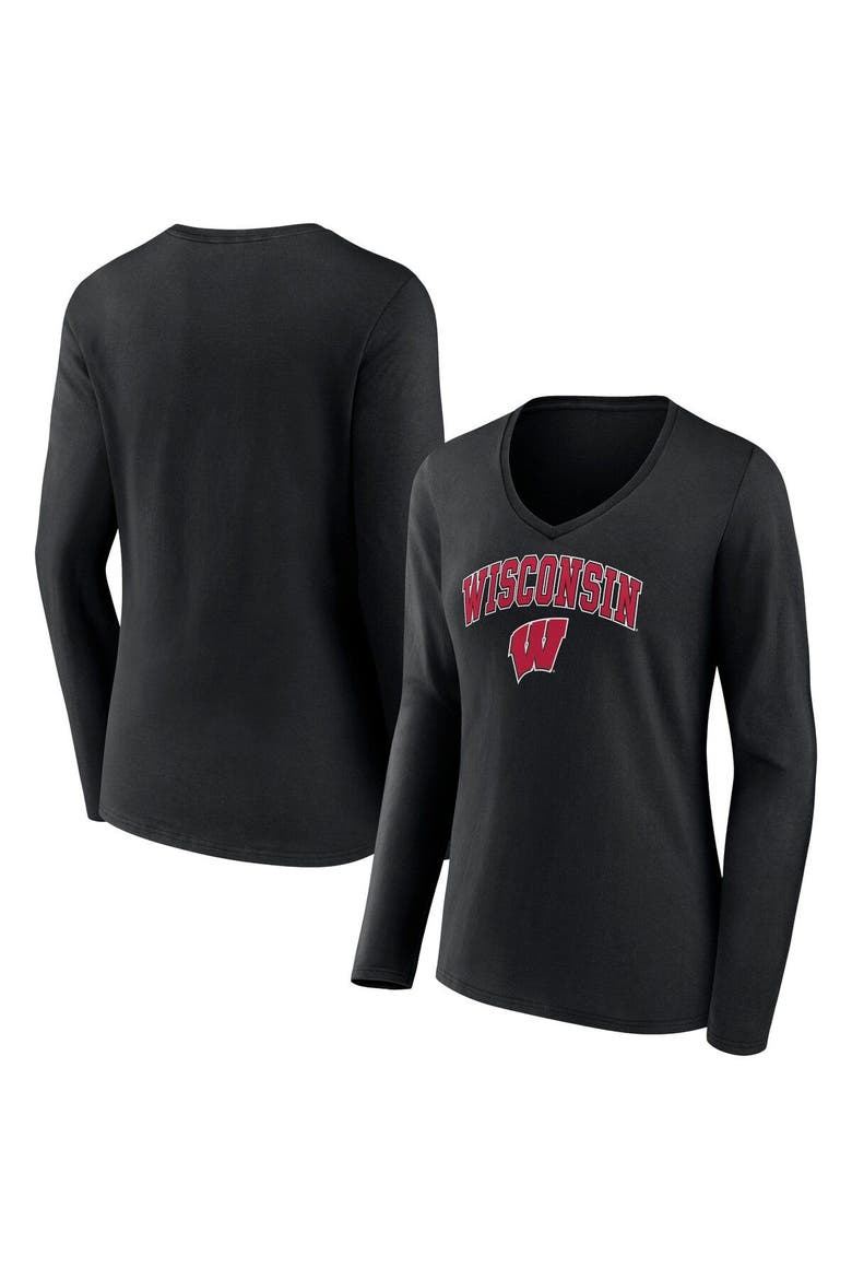 Women's Fanatics Branded Black Wisconsin Badgers Evergreen Campus Long Sleeve V-Neck T-Shirt, Main, color, Black