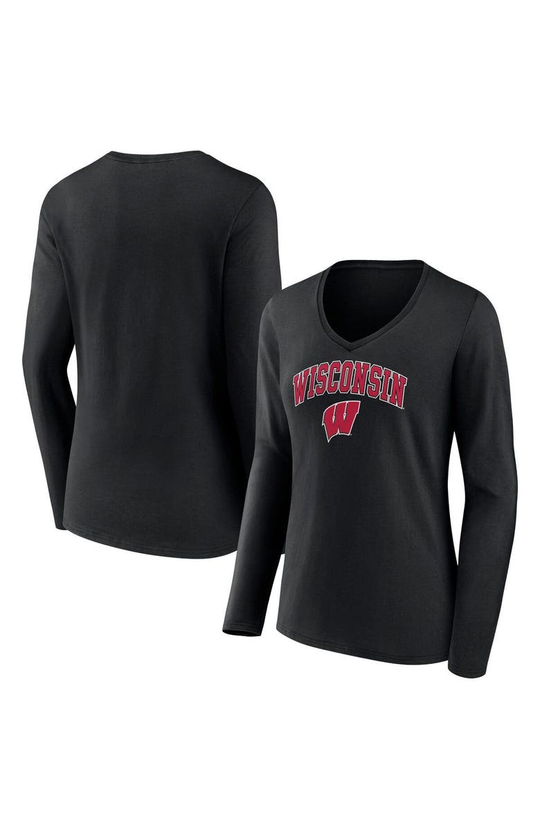 FANATICS Women's Fanatics Branded Black Wisconsin Badgers Evergreen Campus Long Sleeve V-Neck T-Shirt, Main, color, 
