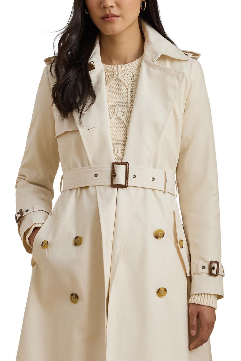 Double Breasted Belted Rain Trench Coat, Alternate, color, MASCARPONE