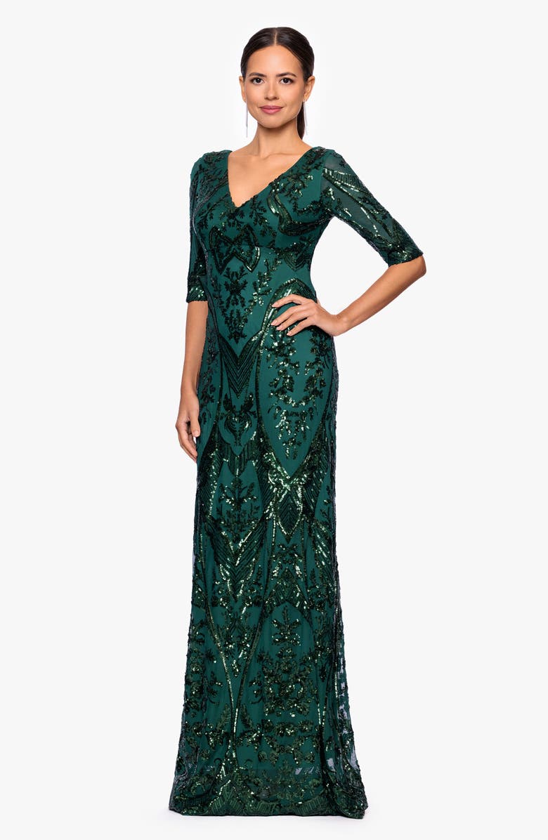 Betsy & Adam Sequin V-Neck Dress, Alternate, color, Emerald