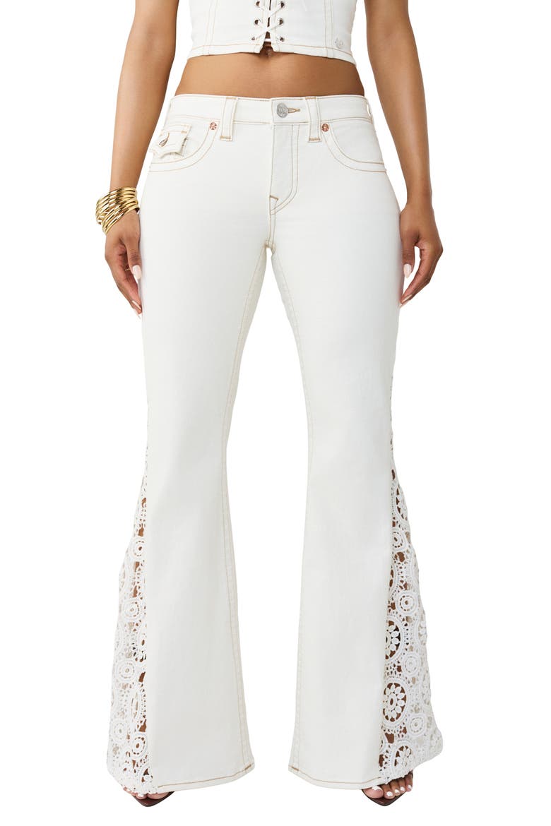 Crochet Inset Flare Jeans, Main, color, WINTER WHITE