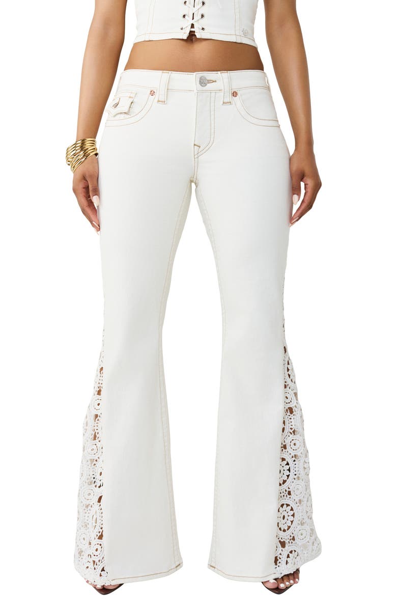 True Religion Crochet Inset Flare Jeans, Main, color, Winter White
