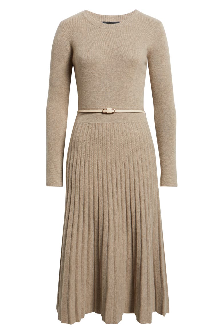 The Kellie Belted Long Sleeve Cashmere Midi Sweater Dress, Alternate, color, BROWN/ TAUPE HEATHER
