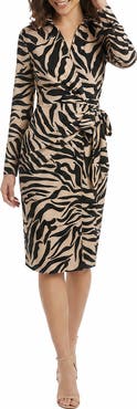 London Times Faux Wrap Long Sleeve Midi Dress