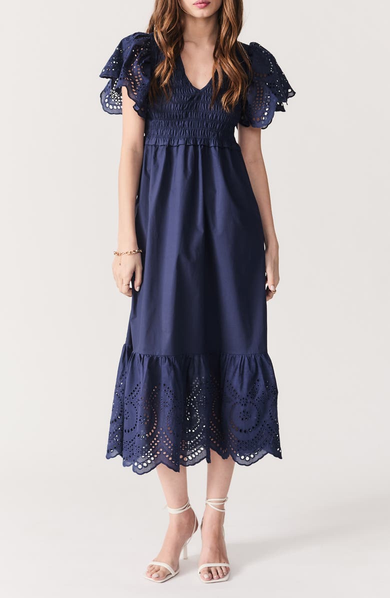 DELUC Avis Embroidered Ruffle Cotton Midi Dress, Main, color,